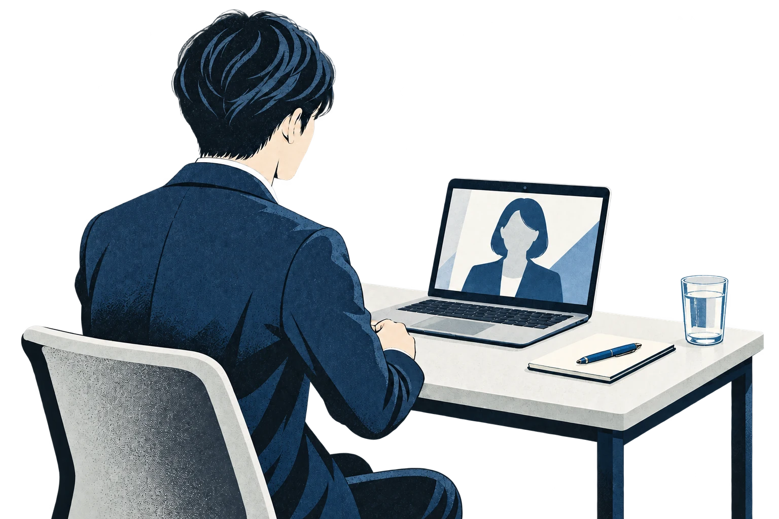 ノートパソコンに向かってAI面接を受ける、顔を描き込まない受検者のイラスト