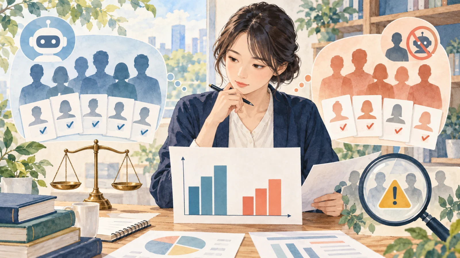 AI面接の受検者と未受検者の二群をグラフと虫眼鏡で比較する調査のイラスト