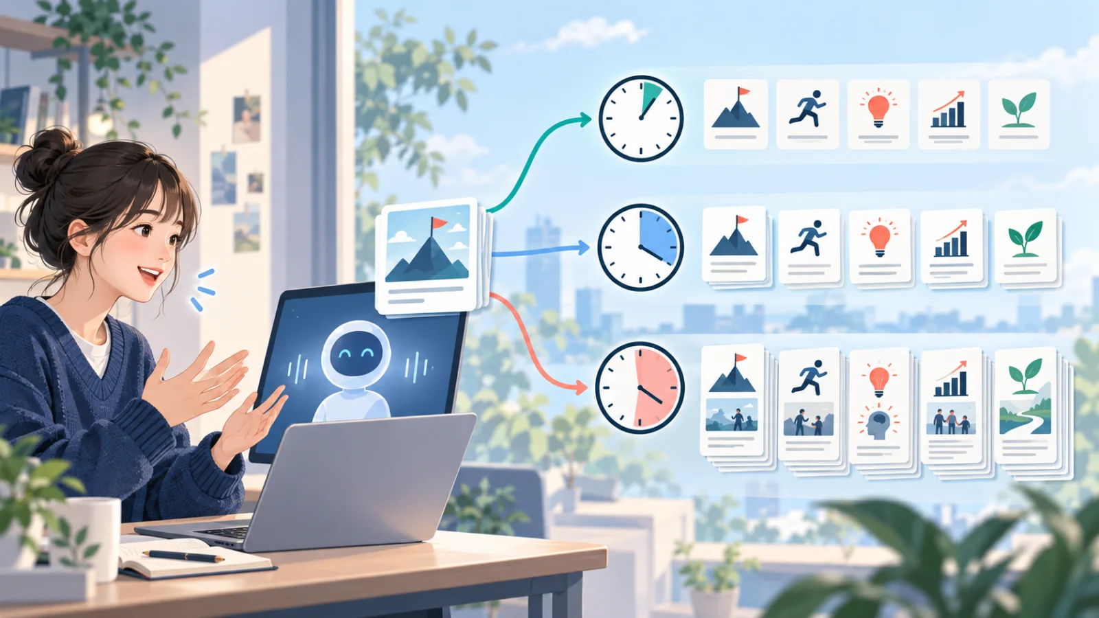 同じAI面接回答を三つの時計と事実カードで比較する受検者のイラスト