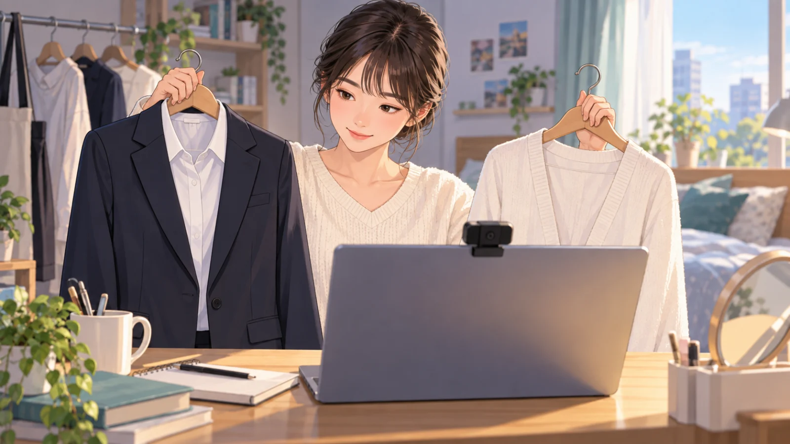 AI面接前にスーツと落ち着いた私服を並べて選ぶ就活生のイラスト
