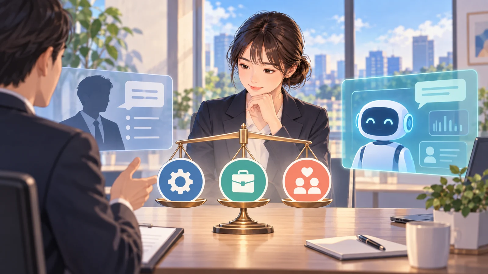 AIと人の面接評価を三つの基準で比べる天秤のイラスト