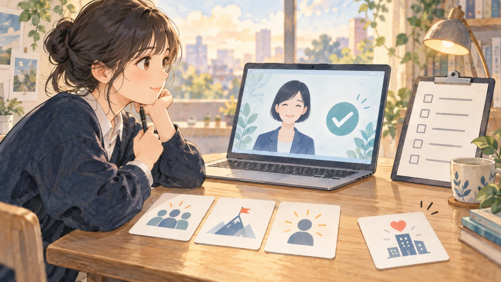 AI面接で複数の質問カードのうち志望動機のカードが使われなかった場面のイラスト