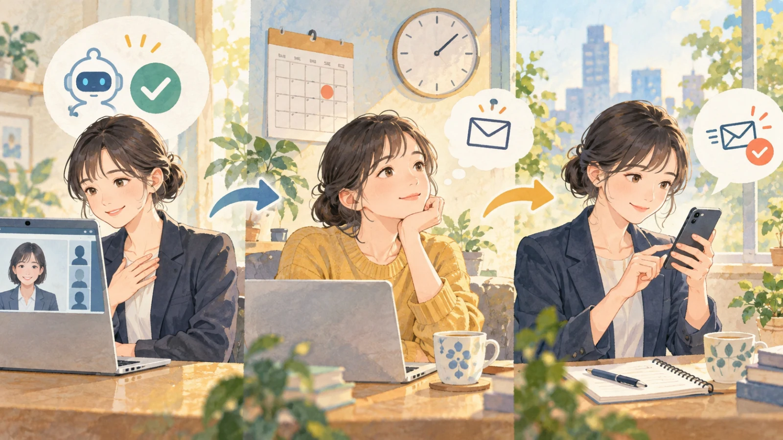 AI面接の完了後にカレンダーとメールを確認して結果を待つ受検者のイラスト