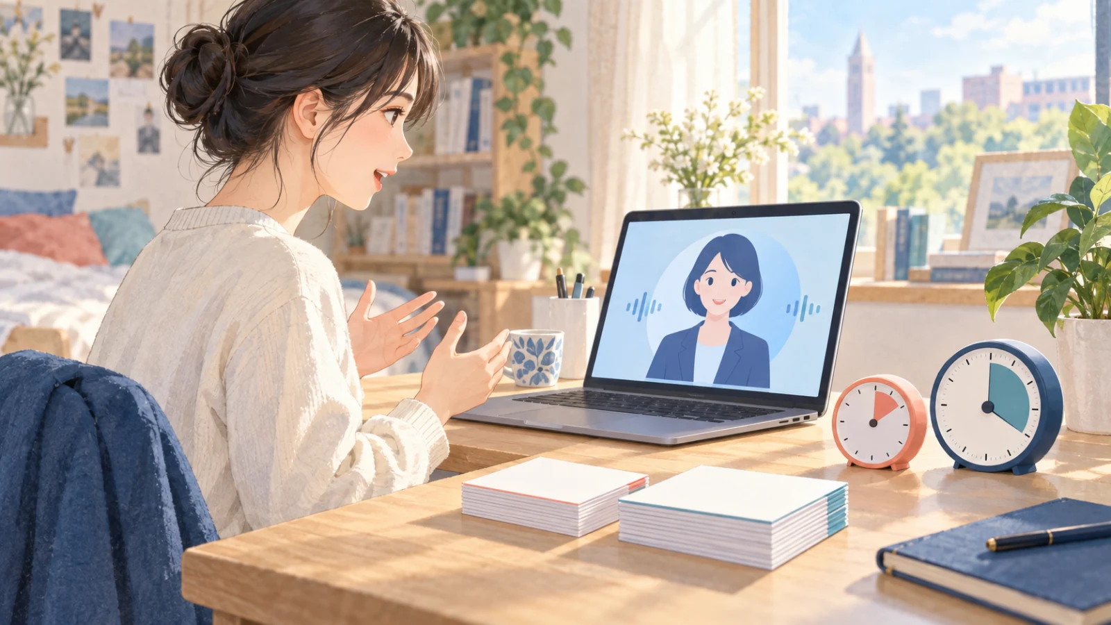AI面接の自己紹介を二つの時計とカードで練習する受検者のイラスト