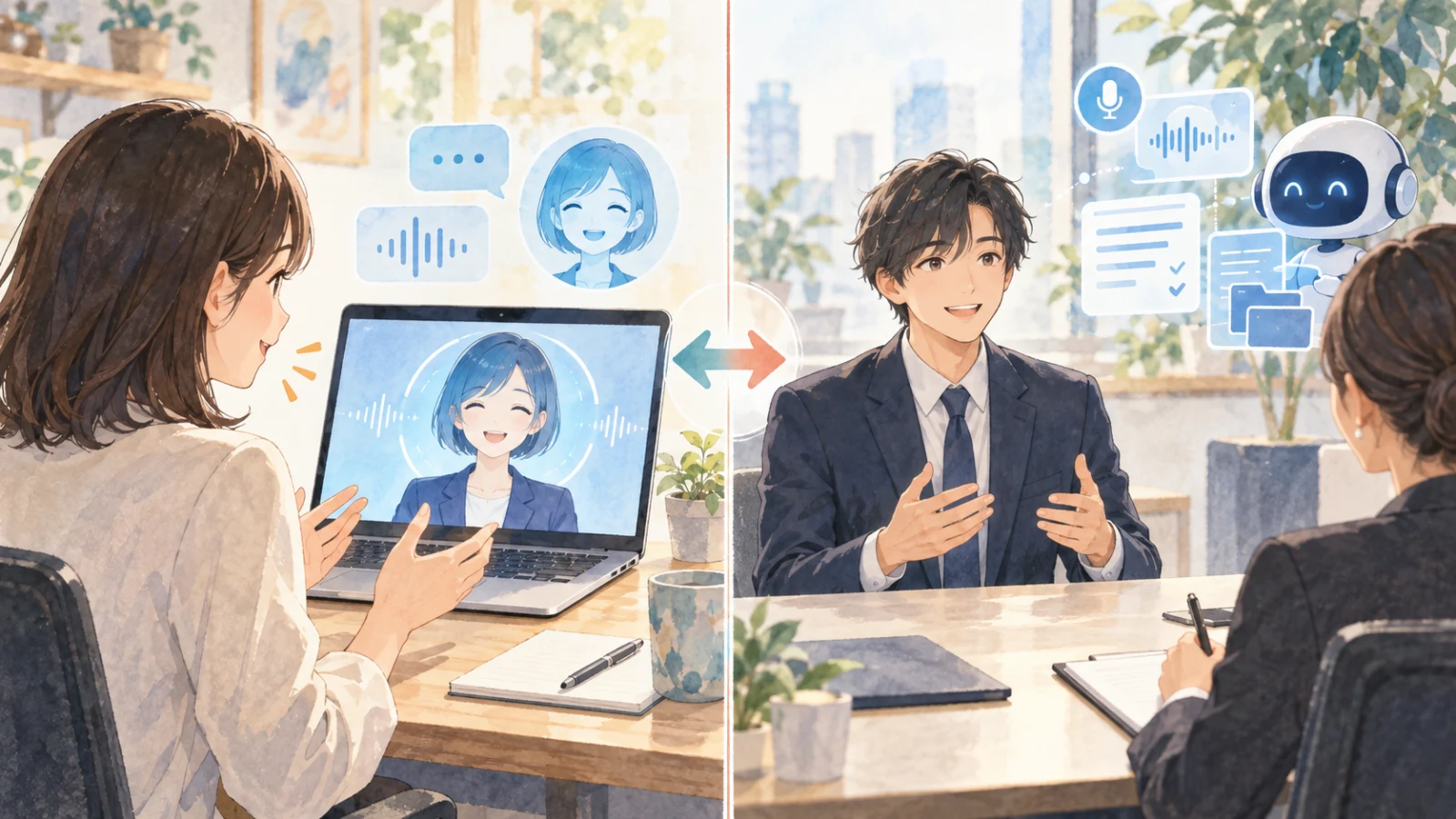 AI面接官との対話と人の面接をAIが支援する場面を左右で比較したイラスト