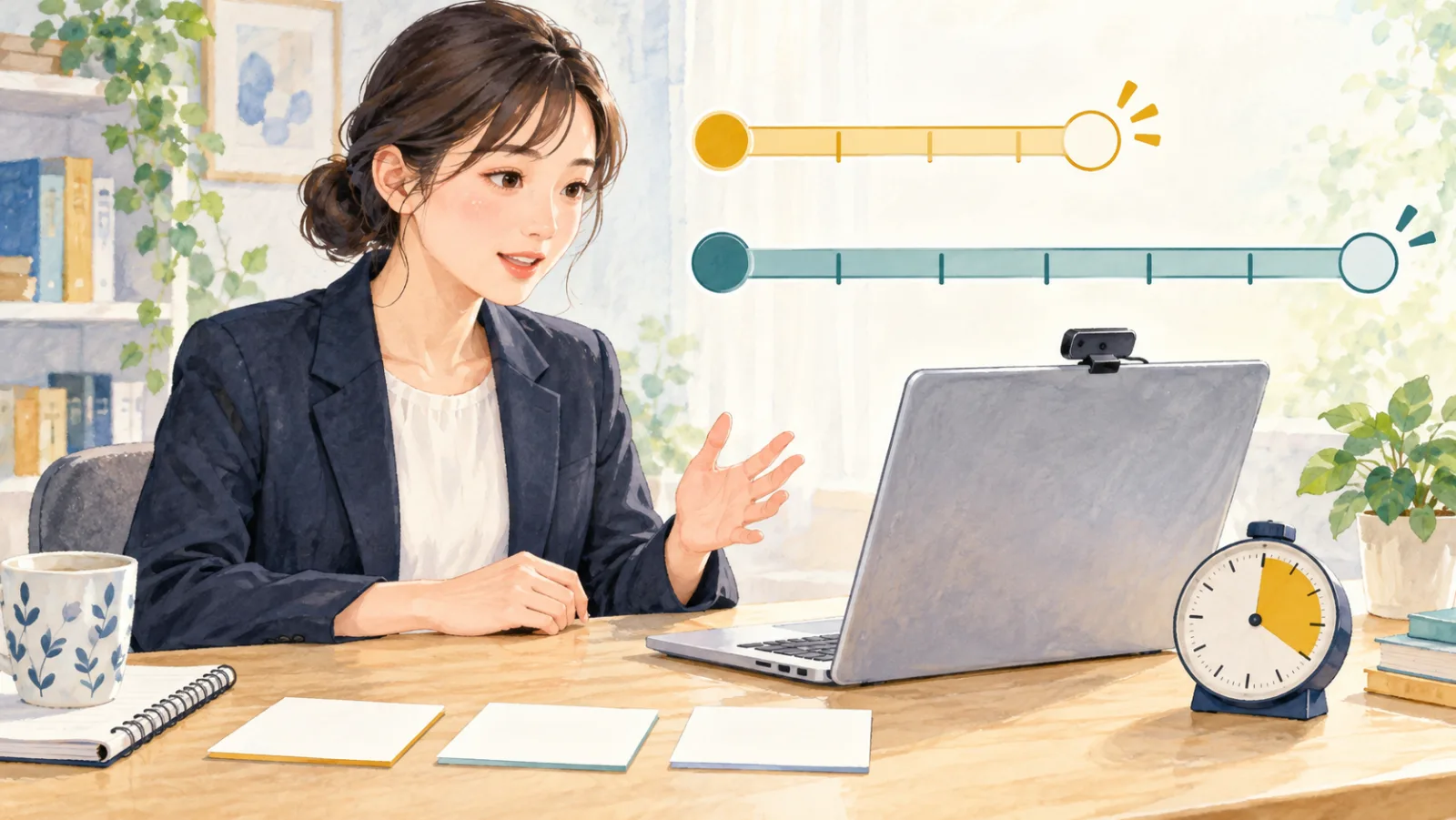AI面接の準備時間と回答時間を時計で確認しながら練習する受検者のイラスト