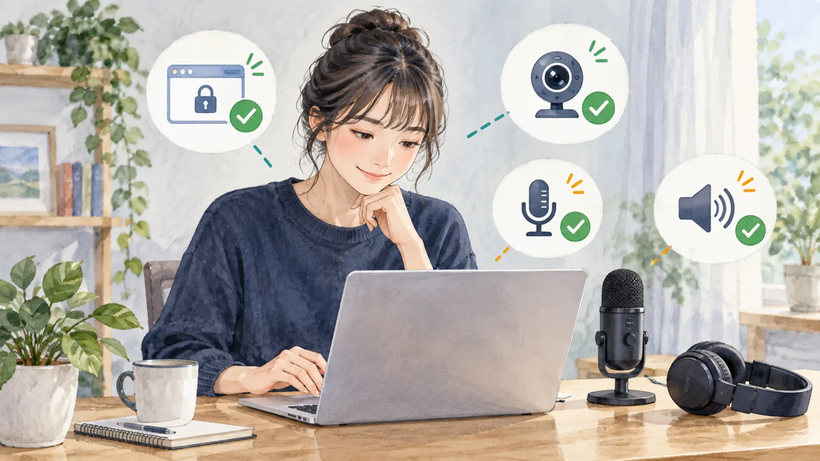 AI面接前にカメラとマイクの接続を順番に確認する受検者のイラスト