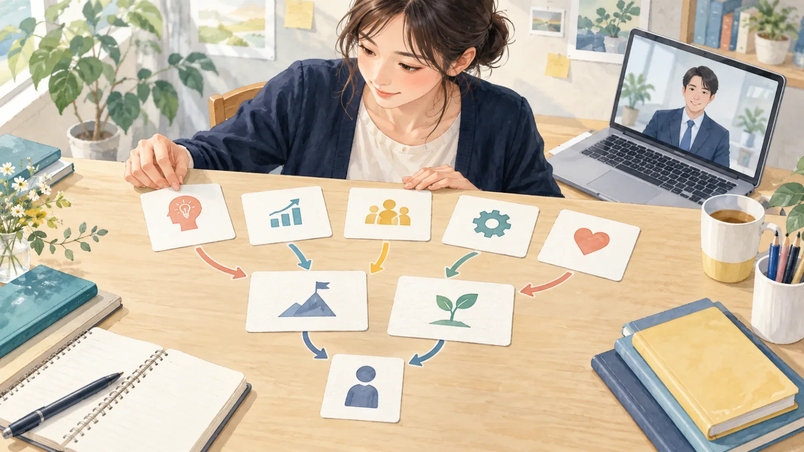 AI面接のガクチカを6項目と深掘り質問に分けて準備するイラスト