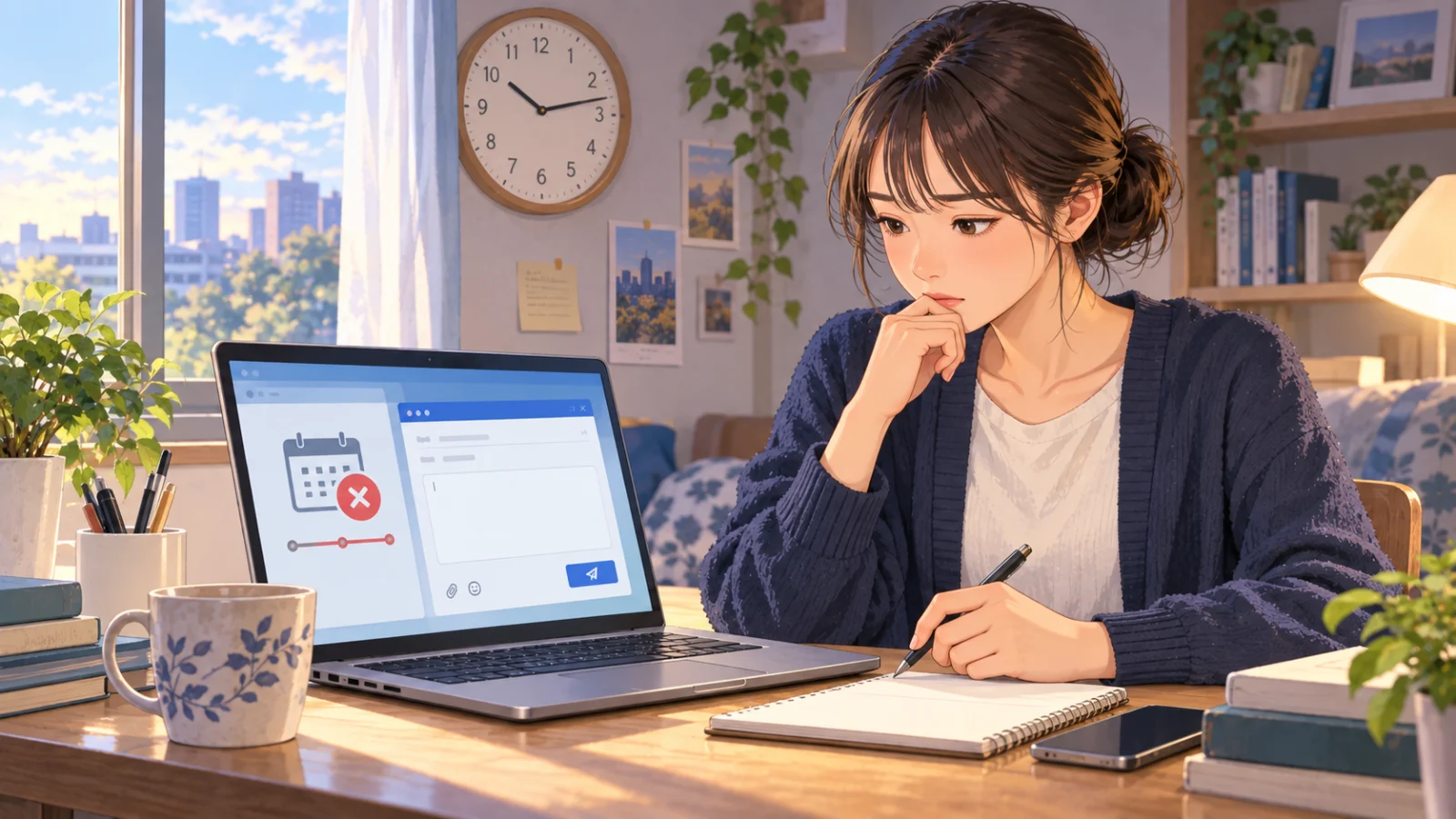期限を過ぎたAI面接の案内と連絡内容を確認する就活生のイラスト