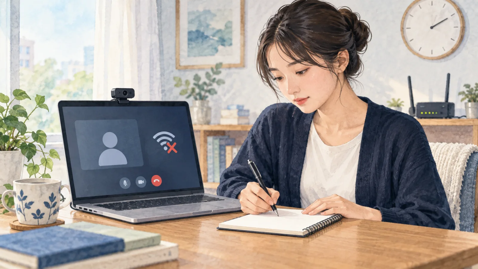 AI面接の通信中断画面を前に落ち着いて状況を記録する受検者のイラスト