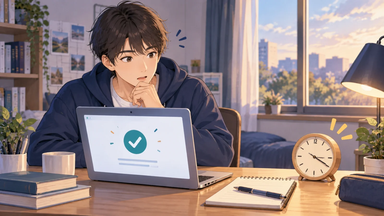 予想より早く終わったAI面接の時計と完了画面を確認するイラスト