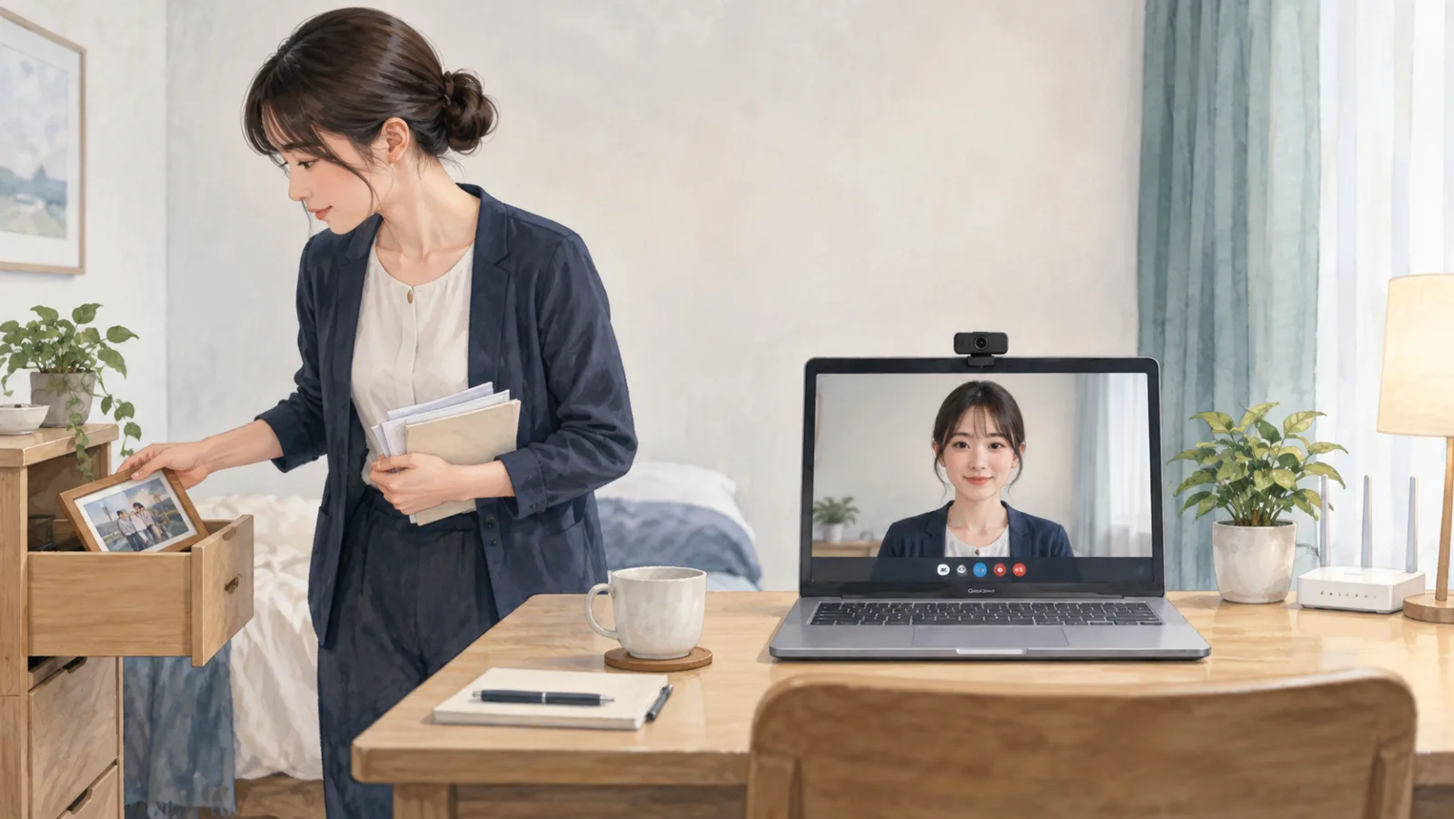 AI面接に適した静かな部屋の光と背景と通信環境を確認する受検者のイラスト