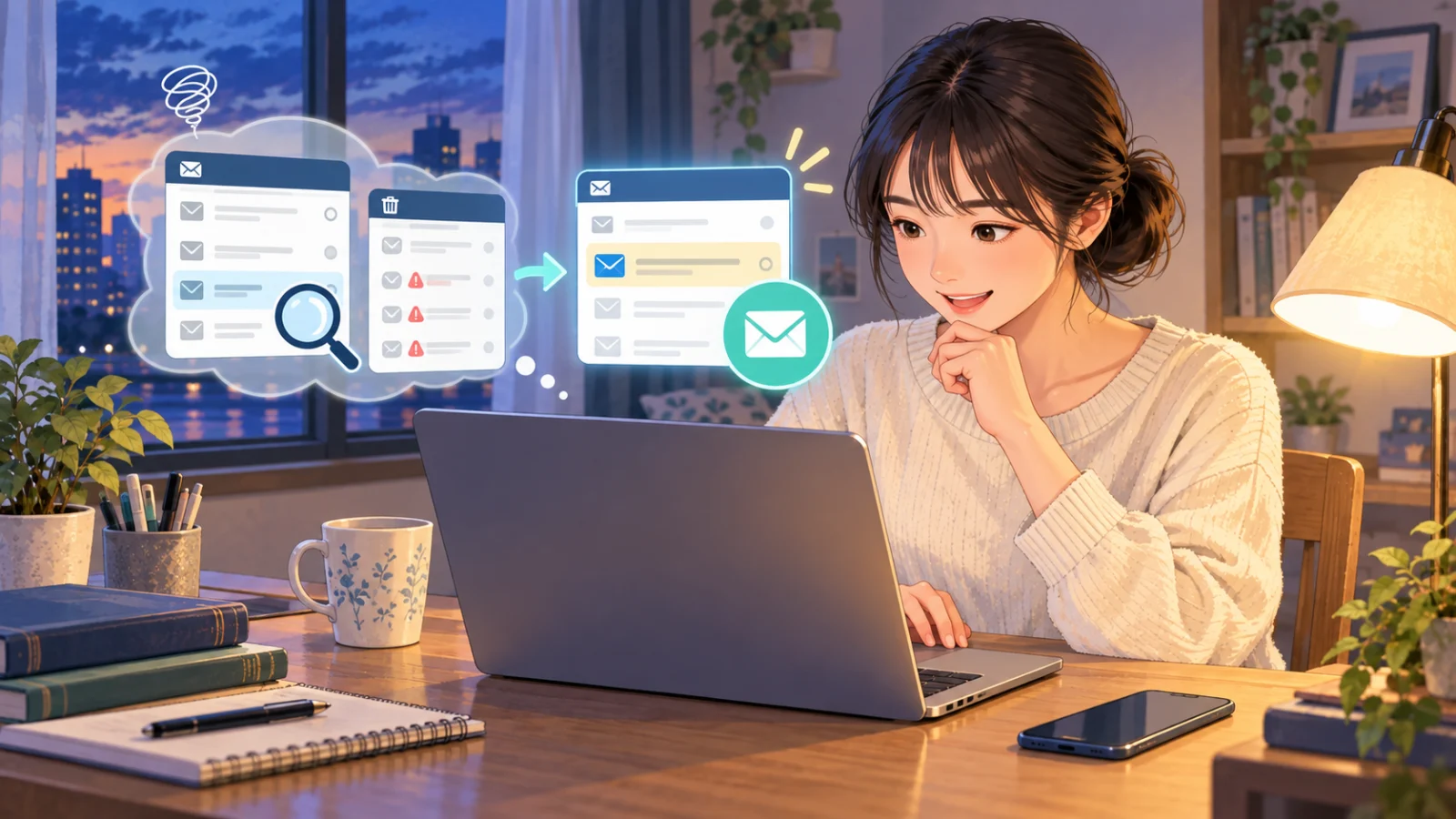 AI面接の案内メールを受信箱と迷惑メールから探す画面のイラスト
