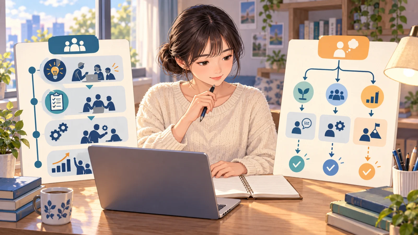 過去の経験と仮定の状況を二つの回答カードへ分けるイラスト