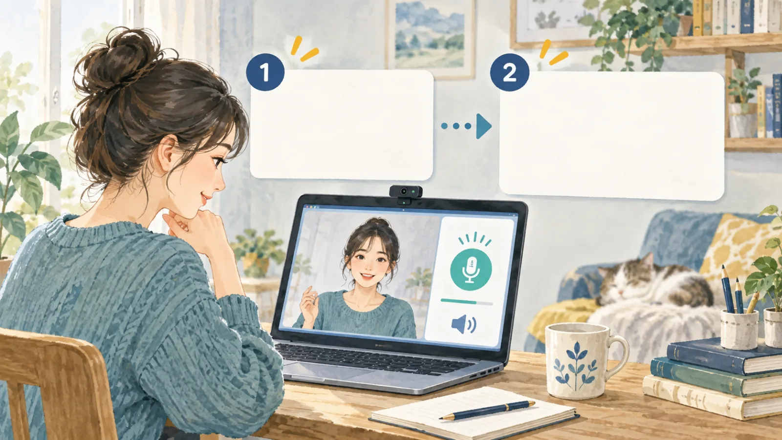 スマートフォンとパソコンでAI面接の深掘りを無料練習するイラスト