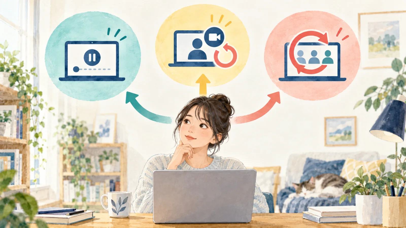 AI面接の再開と撮り直しと再受検を別々の分岐として確認する受検者のイラスト