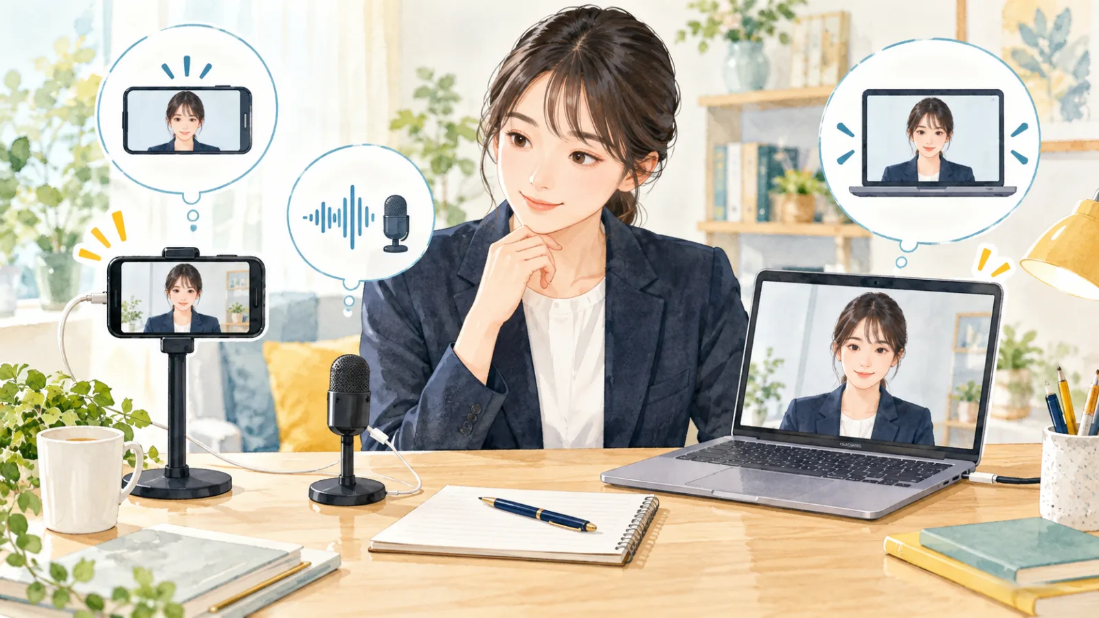AI面接に使うスマートフォンとパソコンを同じ条件で比較する受検者のイラスト