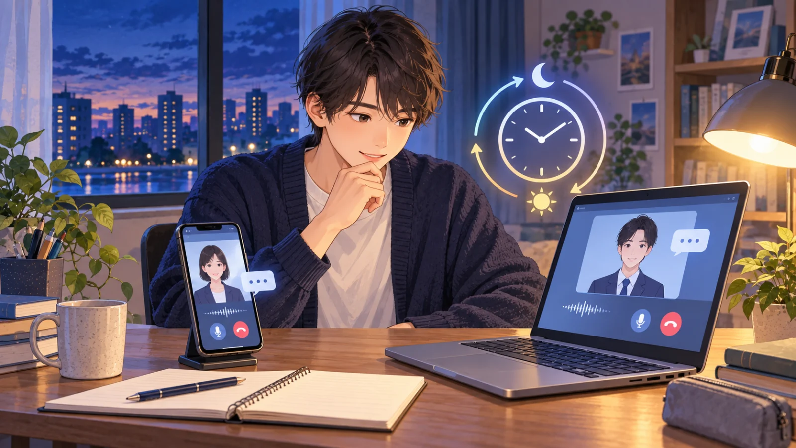 VARIETASのAI面接官をスマートフォンとパソコンで比較するイラスト