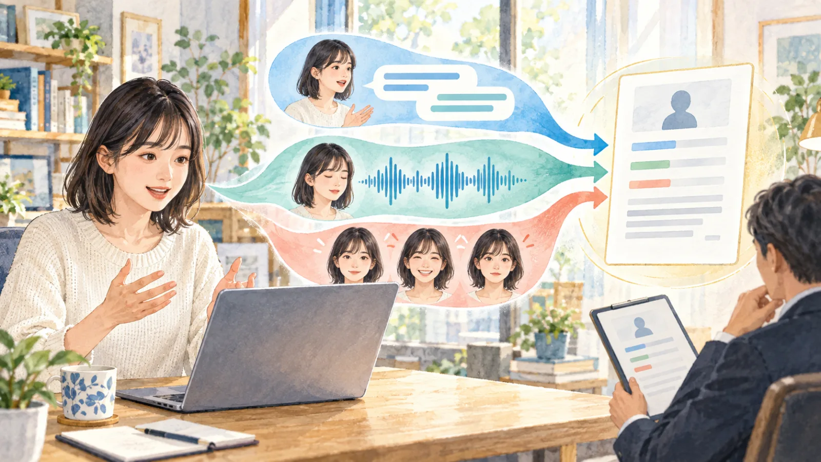 AI面接の回答内容と声と表情を別々の情報として確認する受検者のイラスト